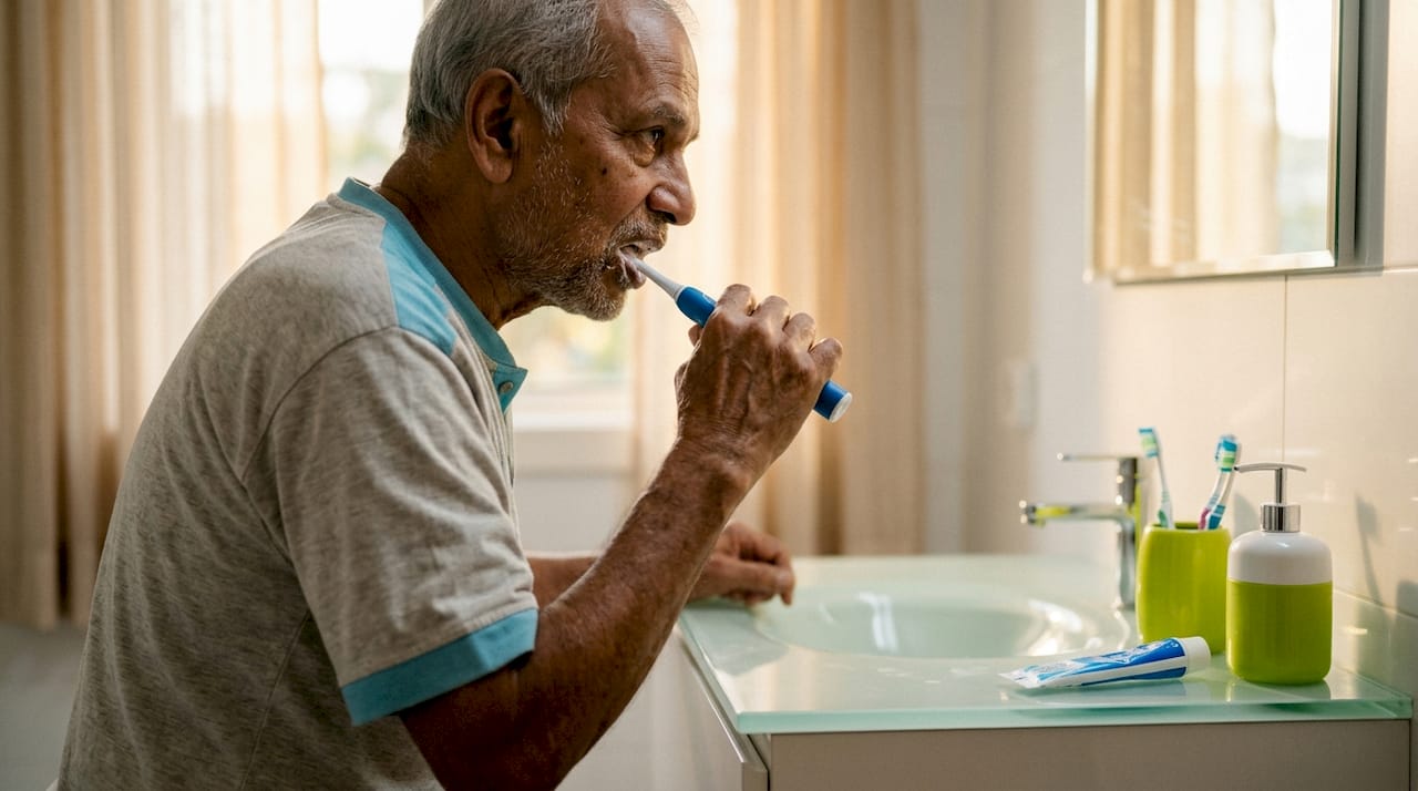 Elderly man brushing teeth in bathroom close-up