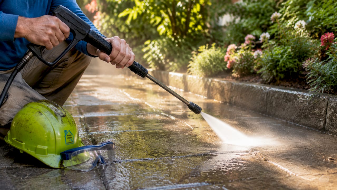 Hands holding pressure washer wand spraying water outdoors
