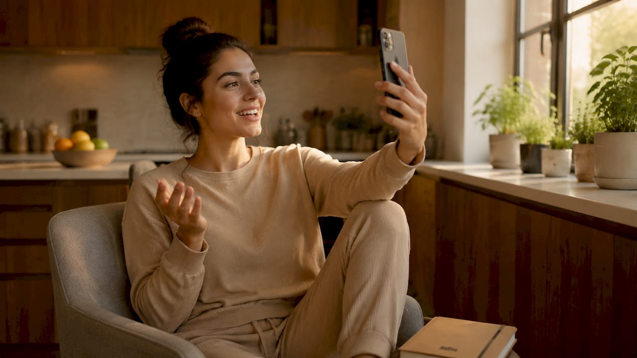 Woman recording facial movements with smartphone