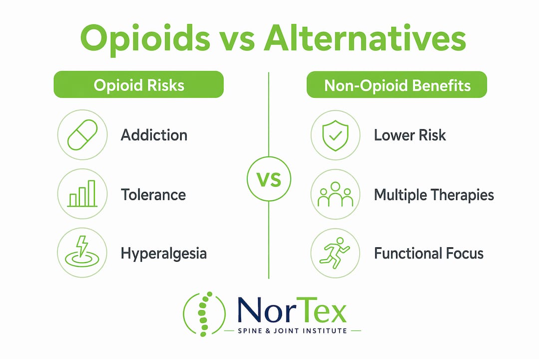 Infographic comparing opioid risks and non-opioid benefits