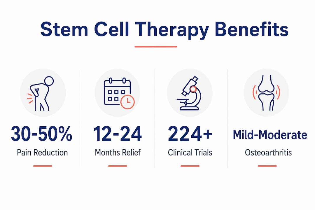 Infographic summarizing stem cell therapy outcomes and statistics