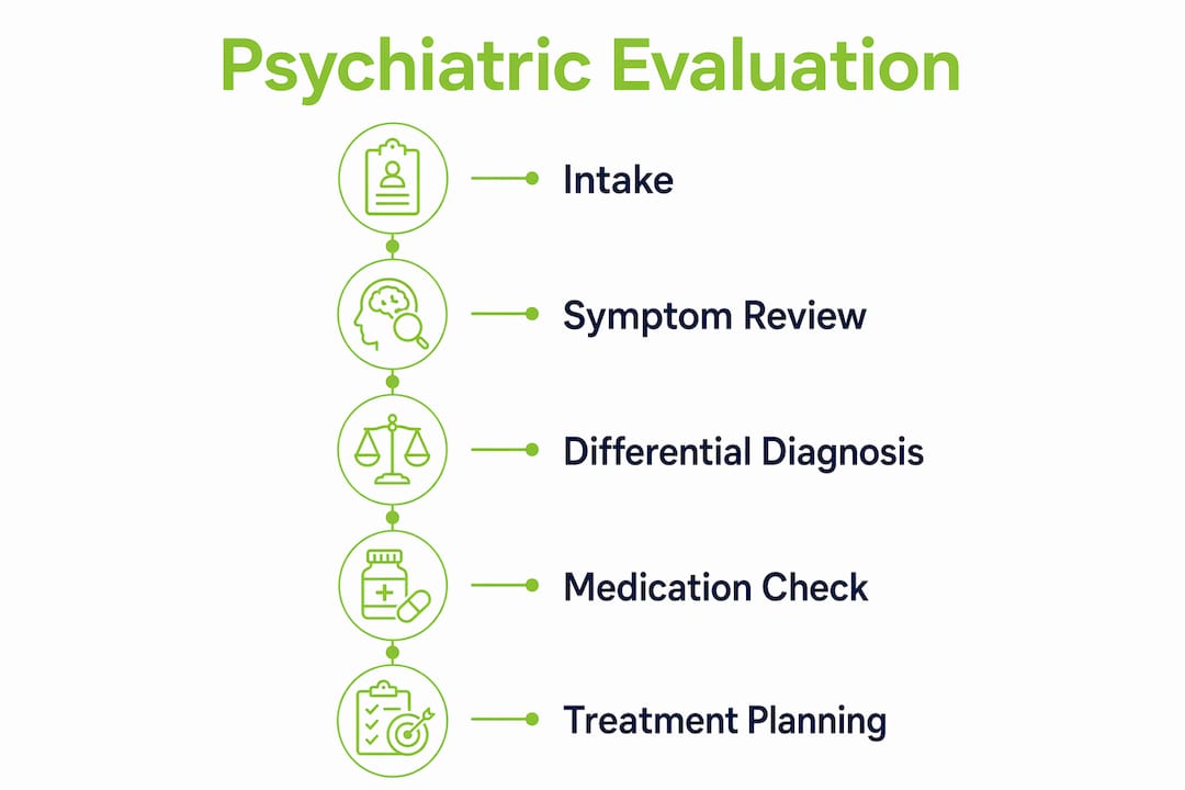 Infographic outlining psychiatric evaluation steps