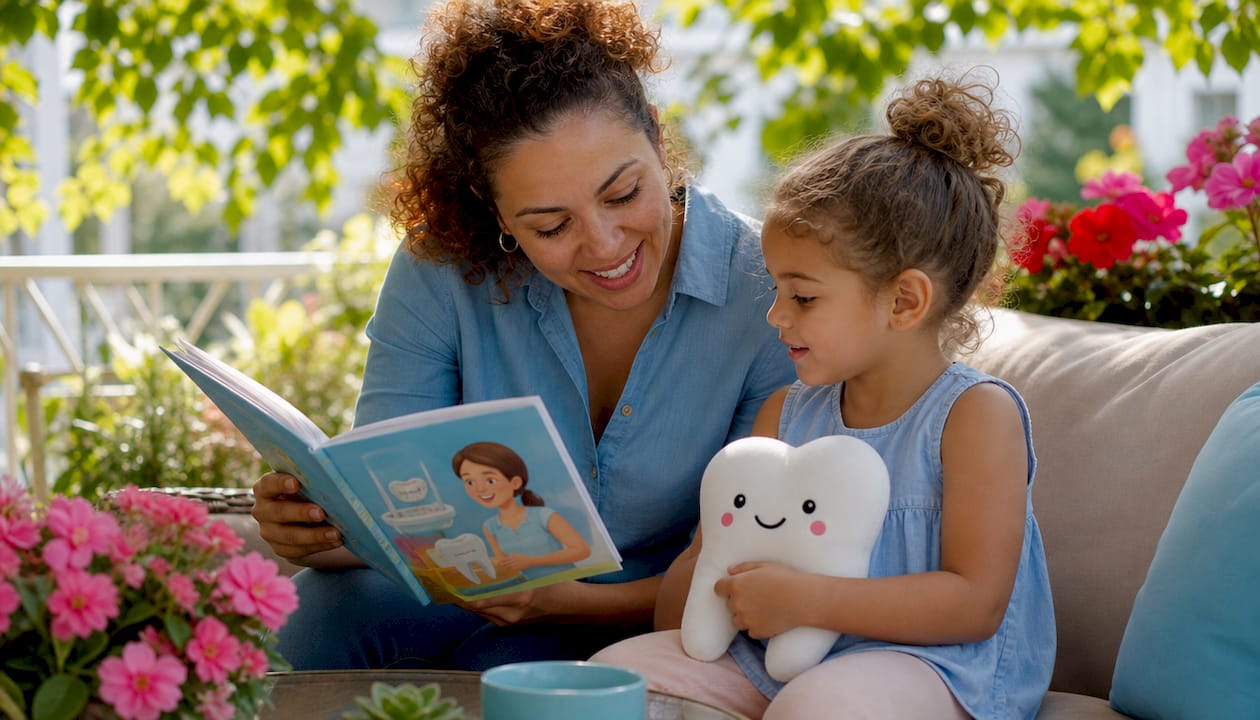 Mother reading dental storybook to young daughter