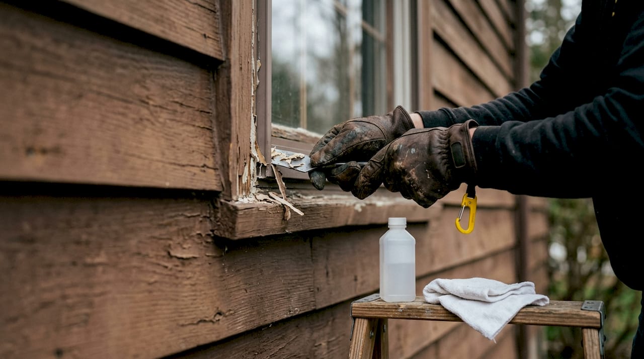 Hands removing old caulk from window exterior