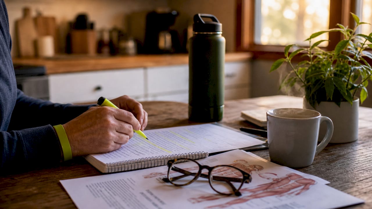 Overhead view of notes and tools for pain care plan