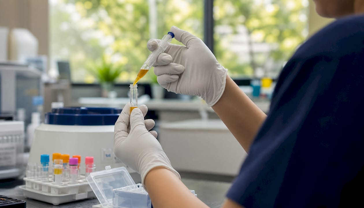 Hands handling platelet-rich plasma vial in lab