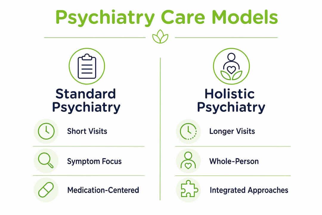 Infographic comparing holistic and standard psychiatry care models