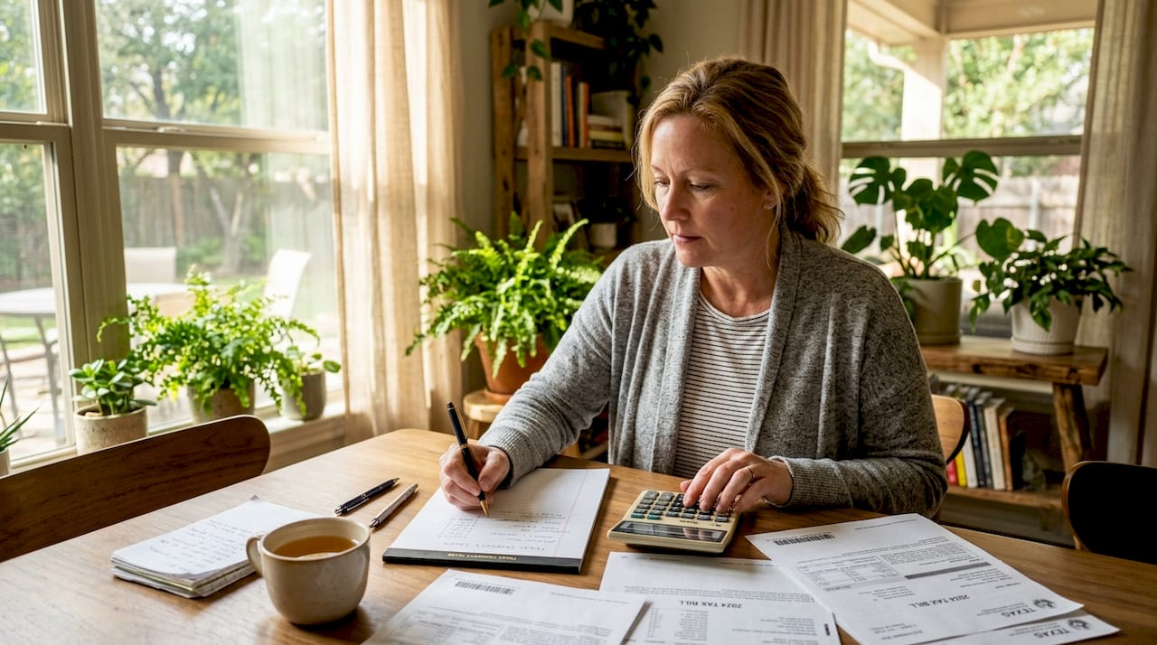 Woman calculating property taxes at home desk