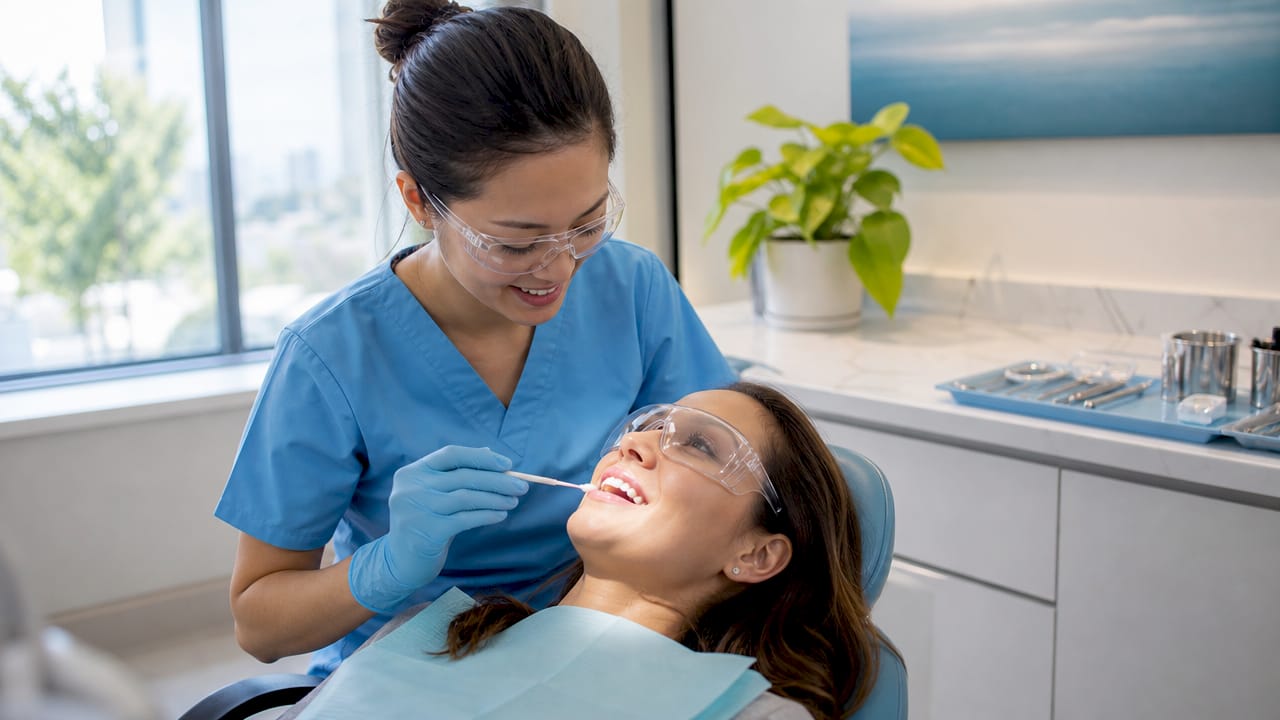 Dental professional applying teeth whitening