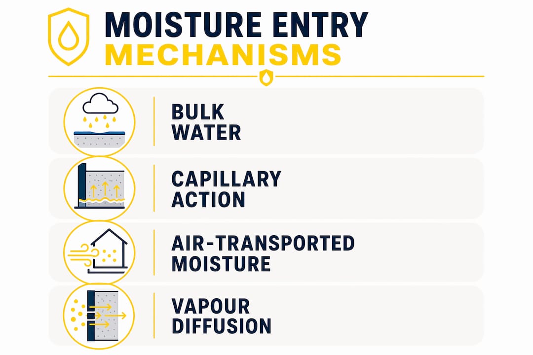 Infographic illustrating moisture entry mechanisms in walls