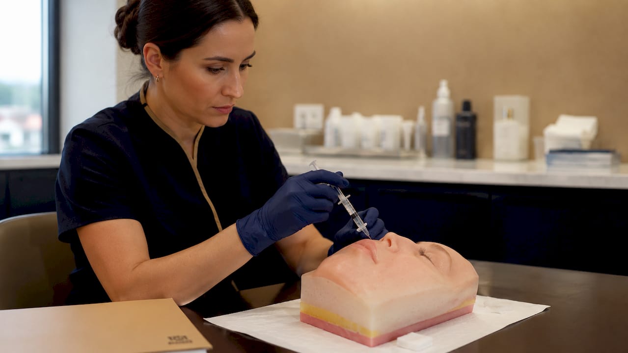 Close-up of syringe injecting enzyme into skin model