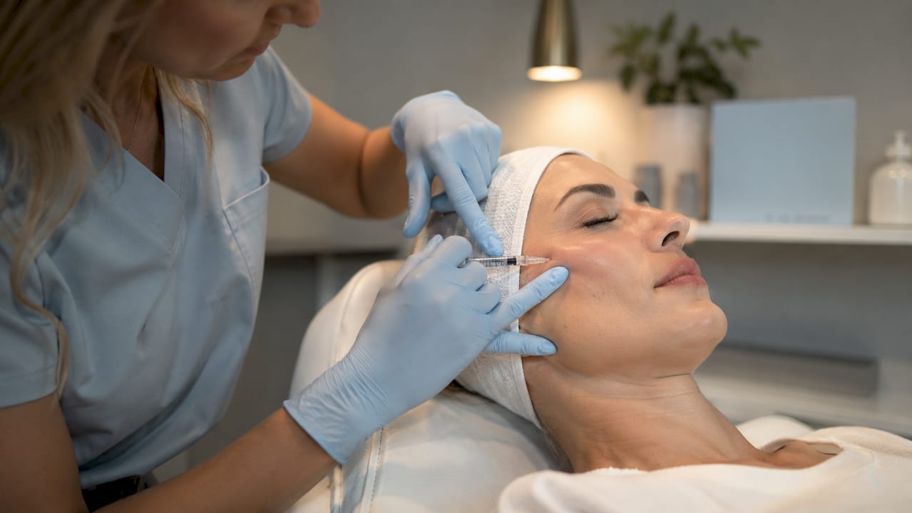Close-up of dermal filler injection on patient cheek