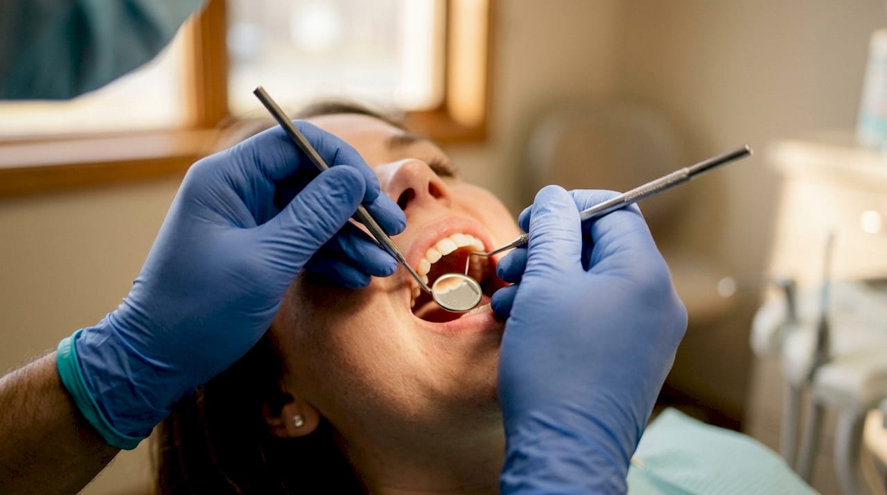 Dentist hands inspecting teeth and gums close-up
