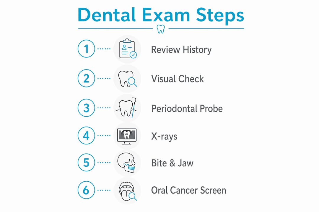 Infographic illustrating dental exam step-by-step process