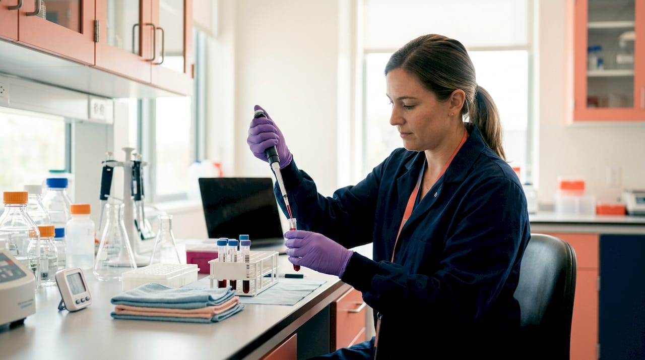 Lab technician pipetting blood sample