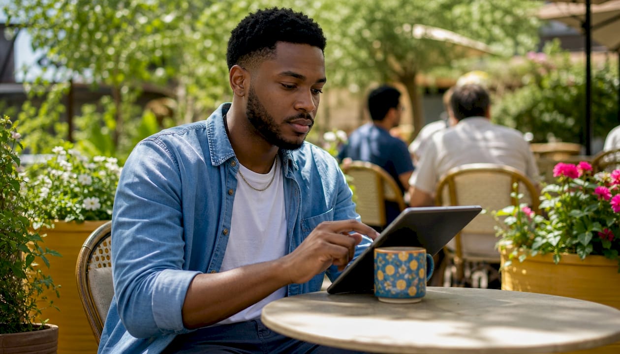 Young man using AI chatbot on tablet