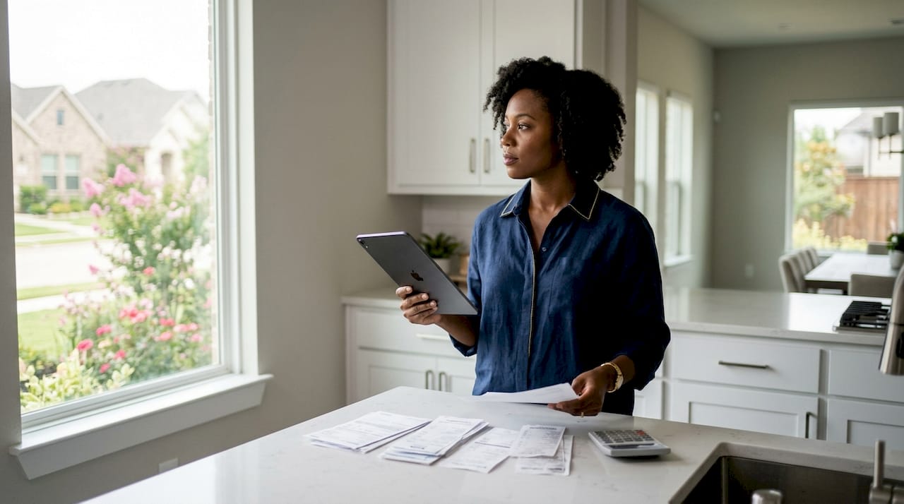 Woman comparing cost of living beside window