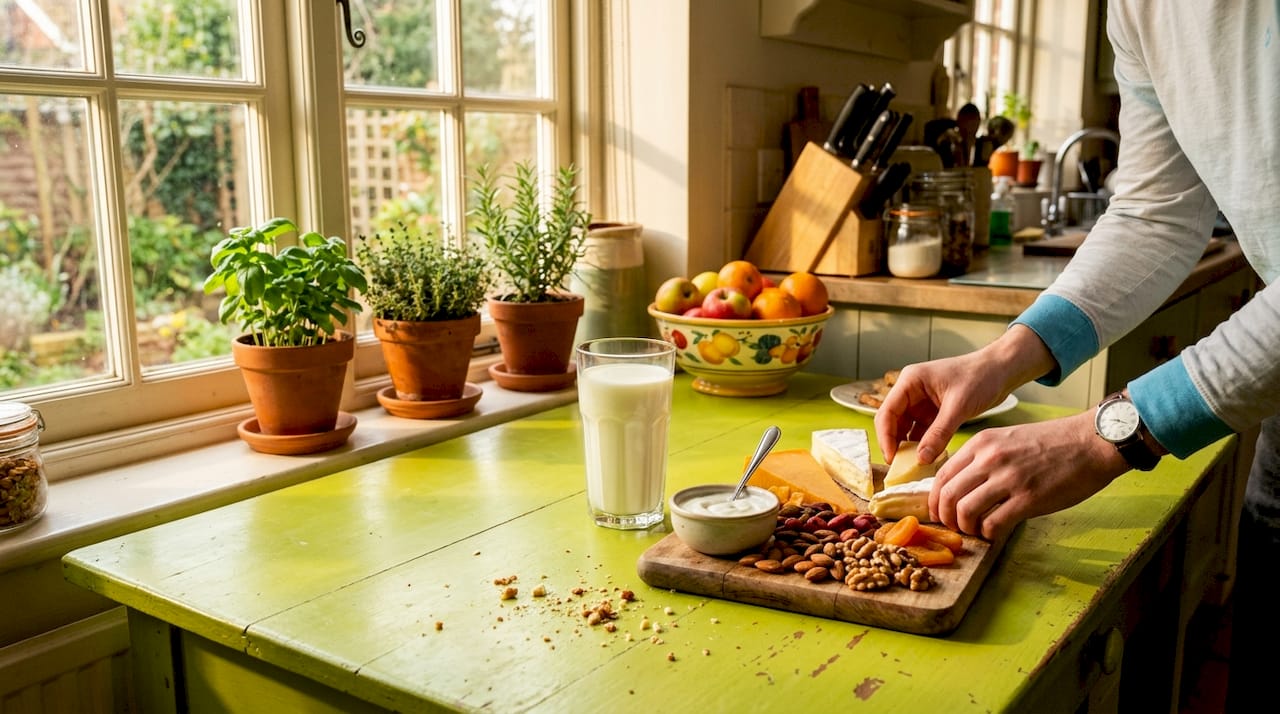 Hands arranging calcium-rich foods on serving board
