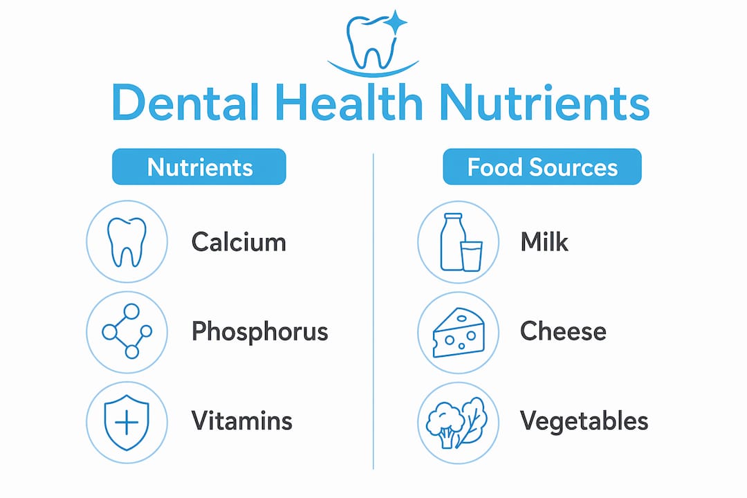 Infographic showing key nutrients and food sources for dental health
