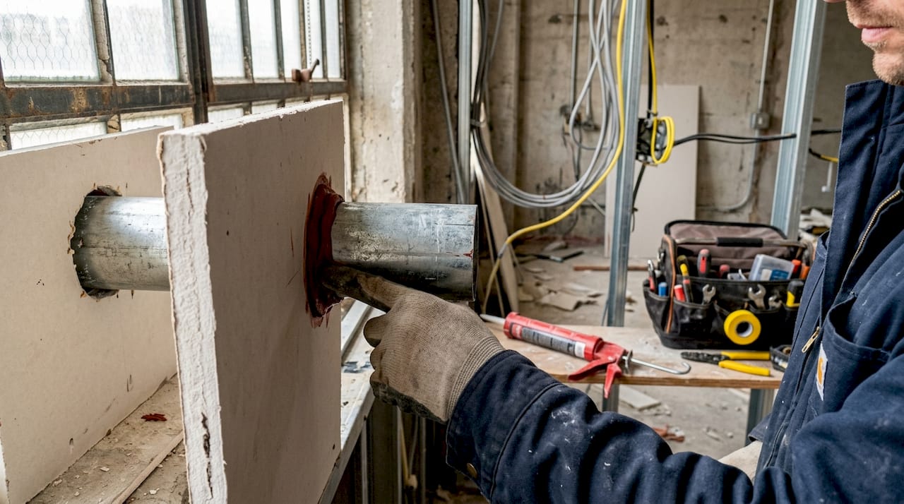 Hands applying fire-stop caulk on wall penetration