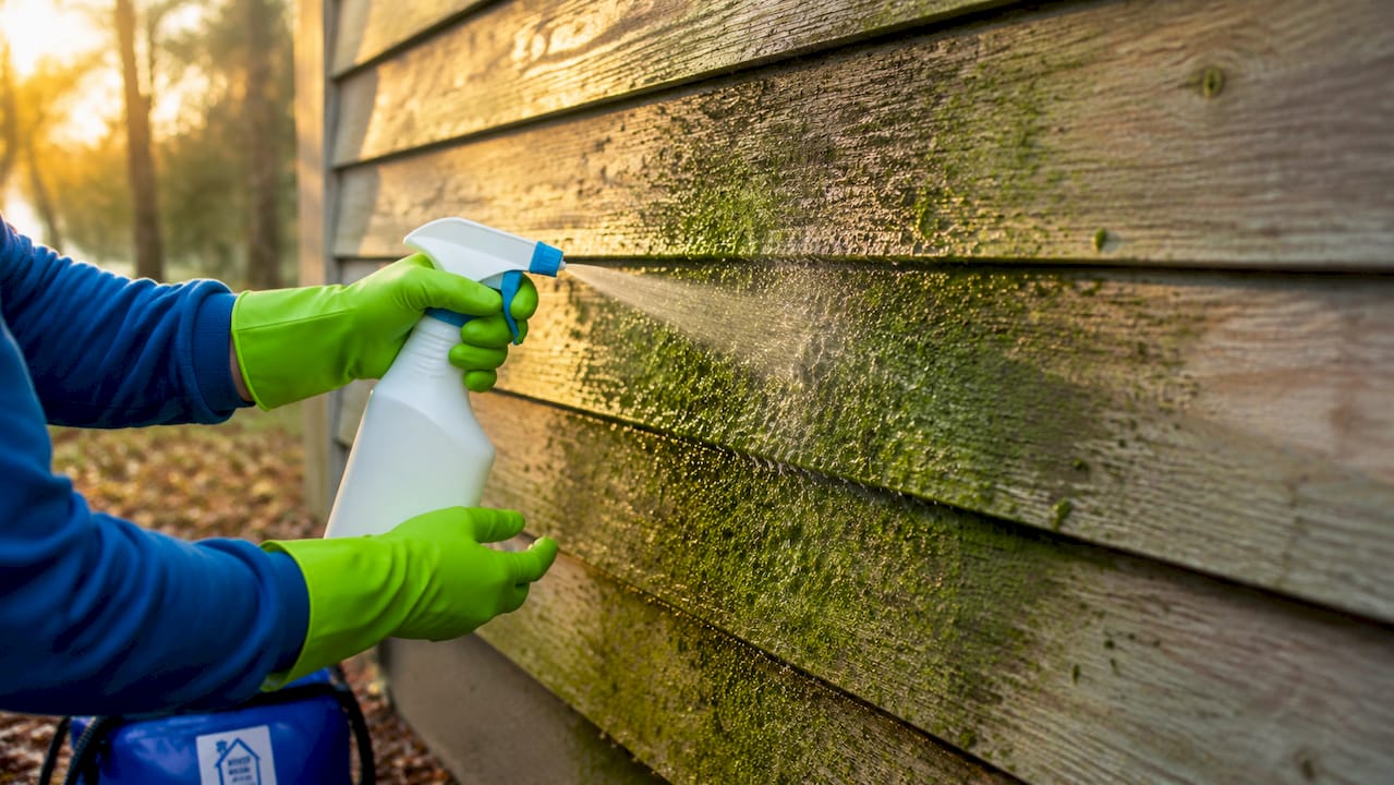 Close-up chemical spray on algae on house siding