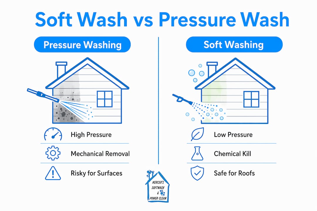 Comparison infographic of soft washing and pressure washing