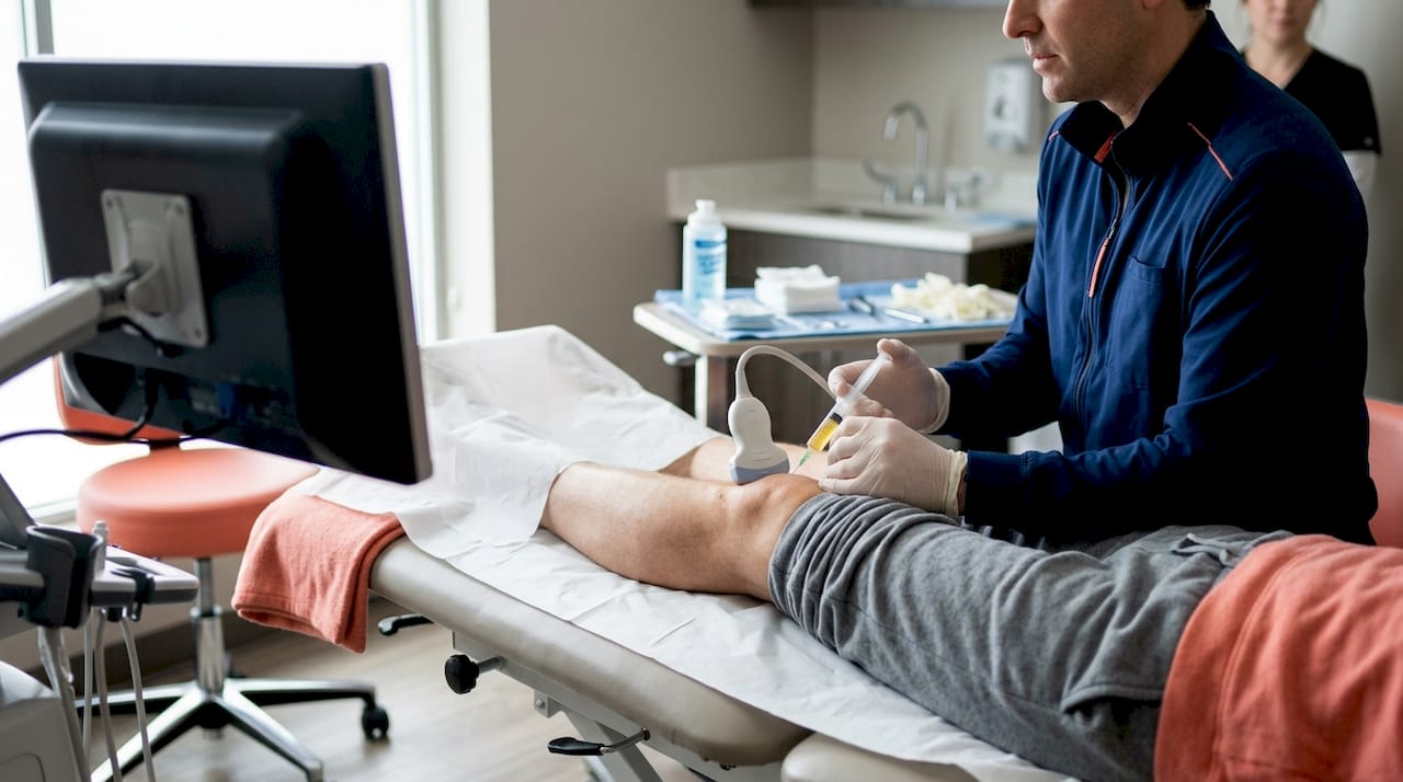 Physician performing ultrasound guided PRP injection on knee