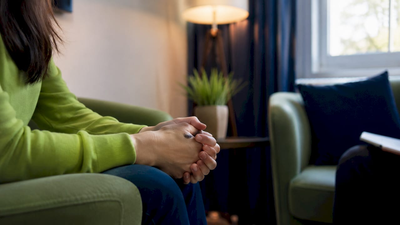 Hands folded calmly during therapy session
