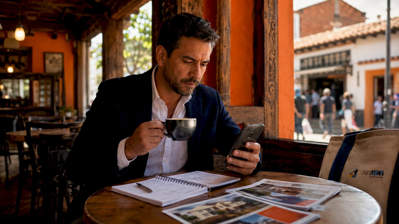Man using phone to submit real estate inquiry at office desk