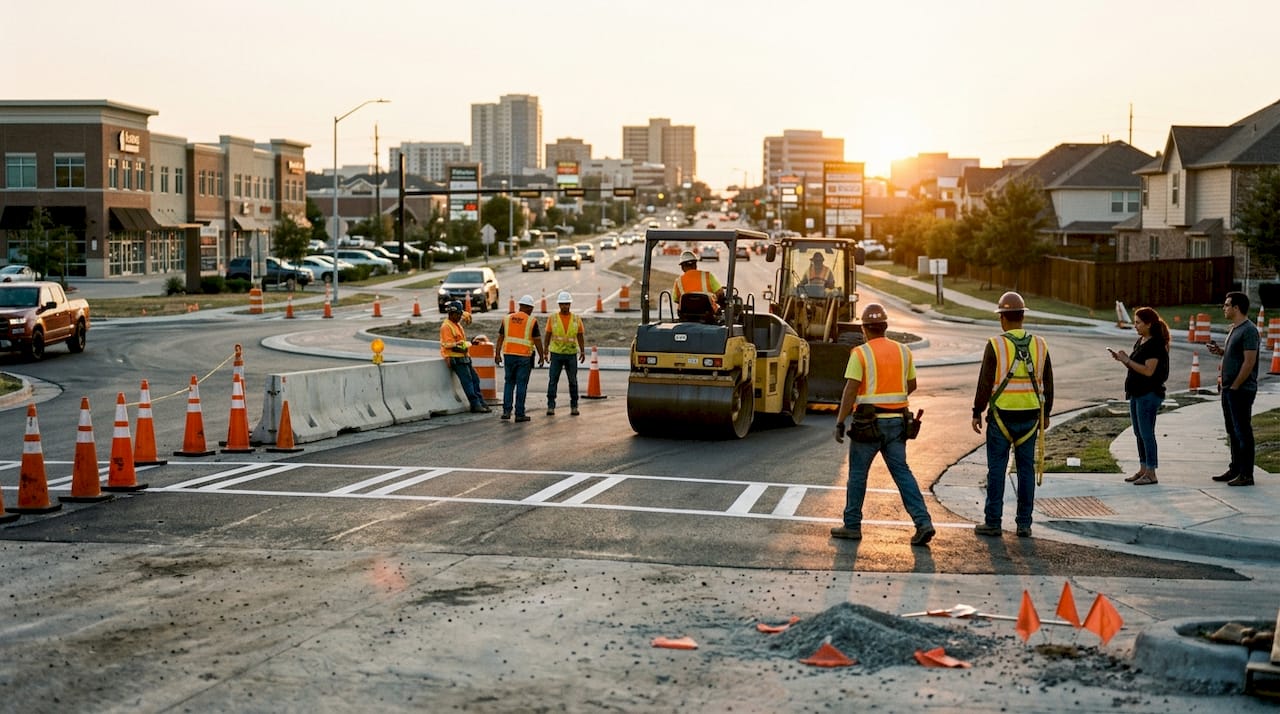 Road construction workers building roundabout