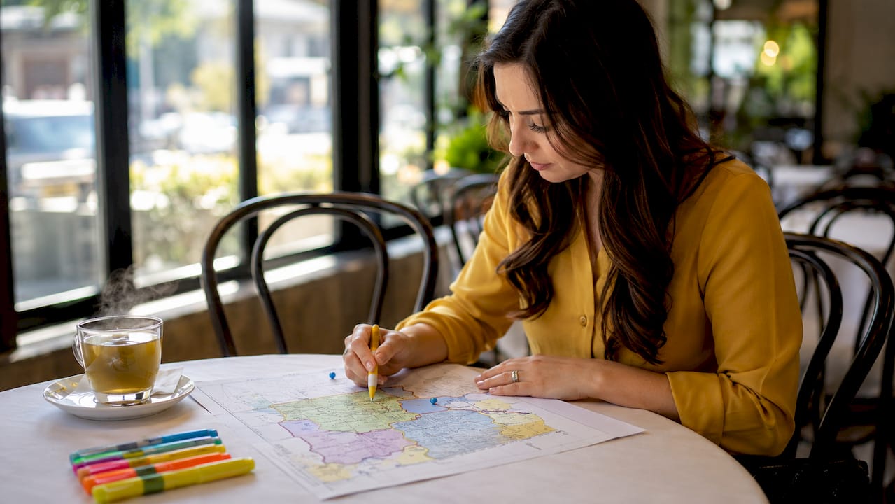 Hands holding Frisco ISD zoning map at desk