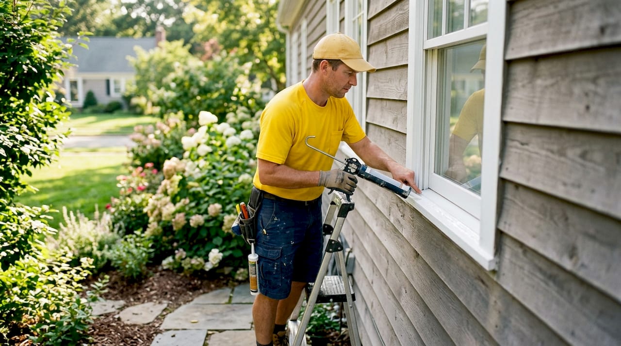 Worker applying silicone caulk on window frame