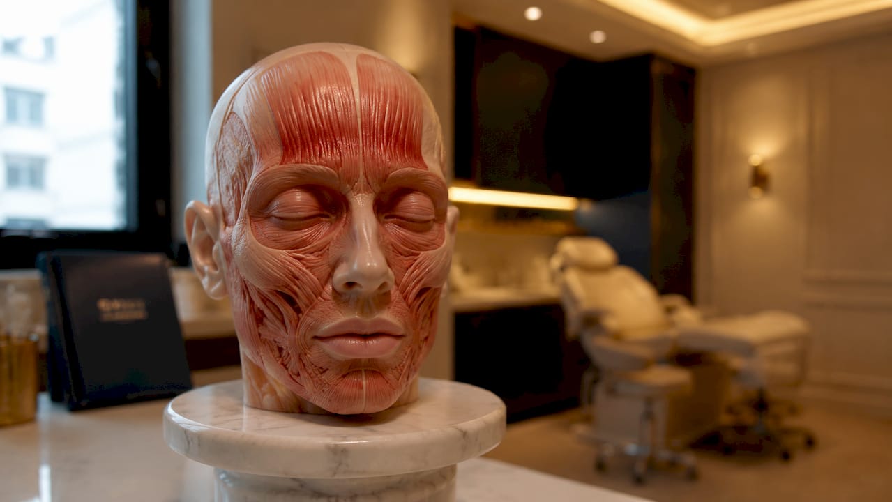 Anatomical face model showing Botox target muscles