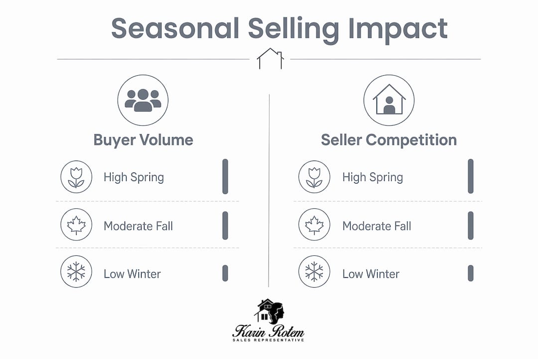 Infographic comparing seasonal buyer volume and seller competition