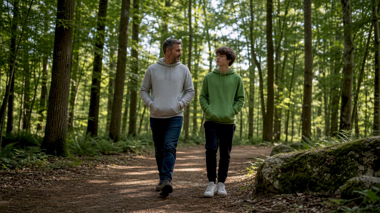 Father walking and talking with teenage son outdoors