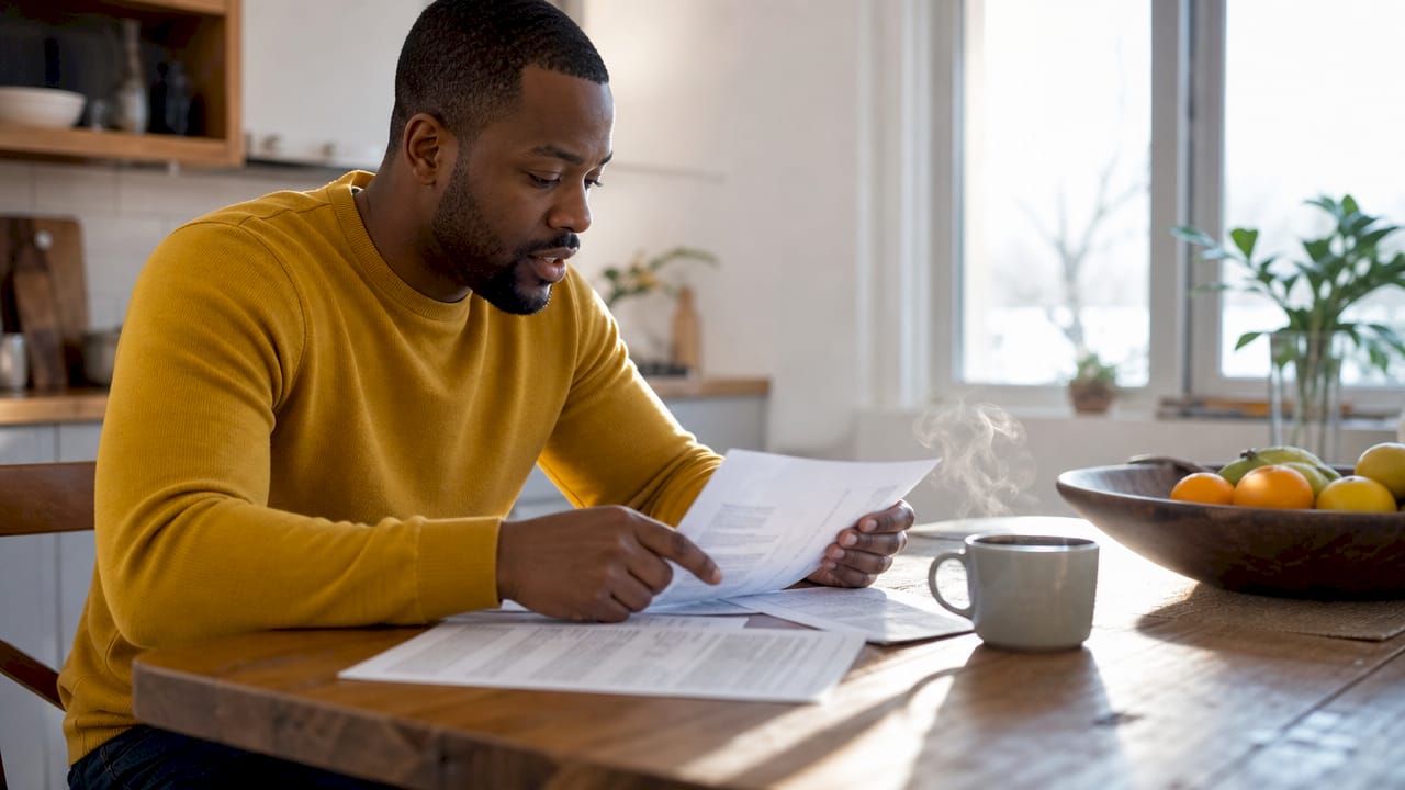 Hands reviewing monthly mortgage payment breakdown document
