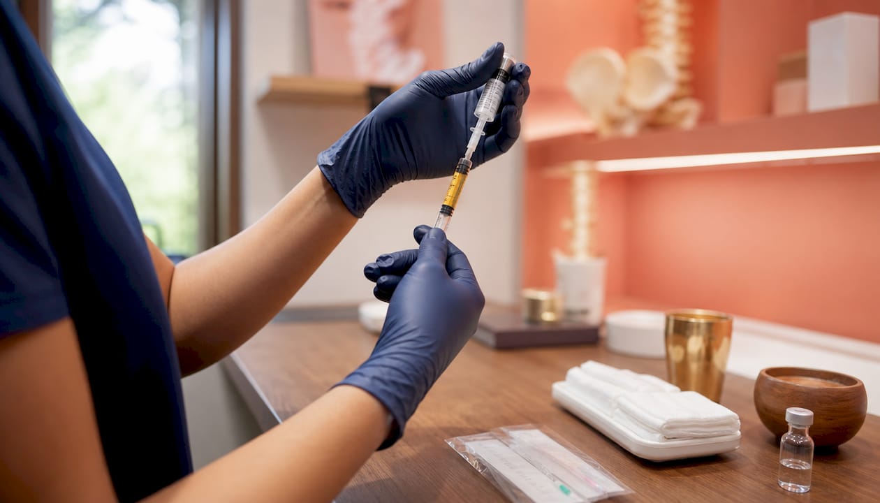 Close-up of hands preparing PRP injection syringe