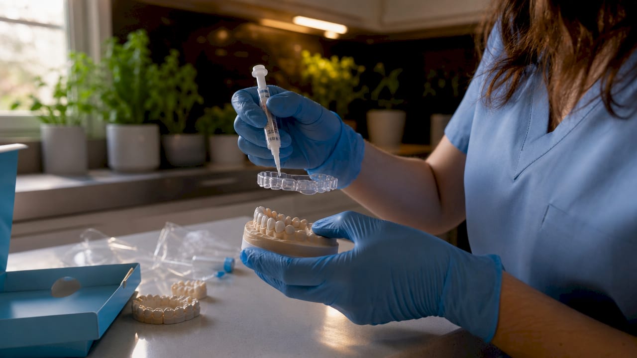Close-up of dental hands preparing whitening gel tray