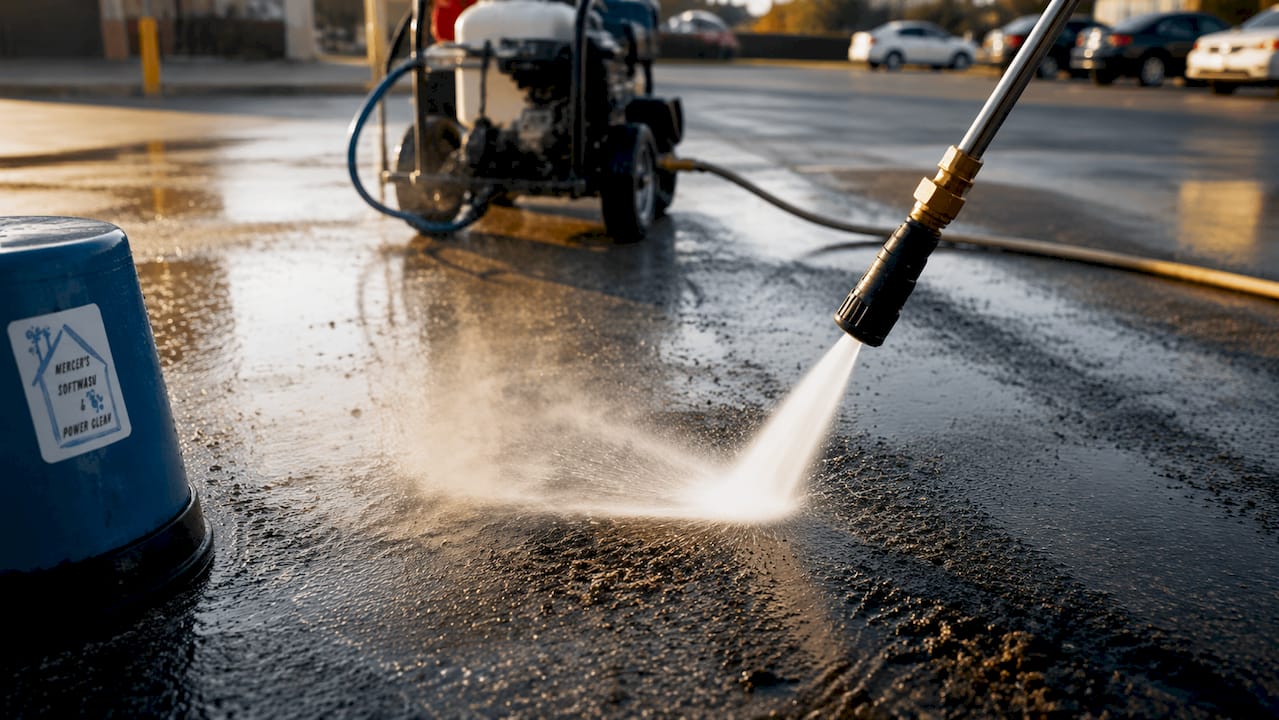 Hot water pressure washer cleaning oily parking lot pavement