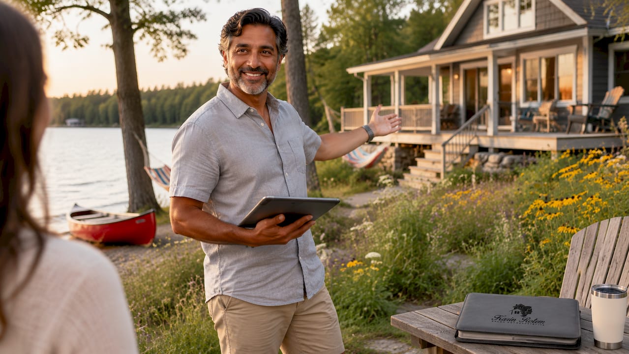 Property manager inspecting Muskoka cottage outdoors