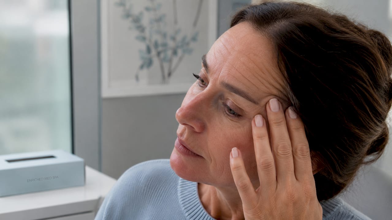 Close-up side profile woman showing dynamic wrinkles