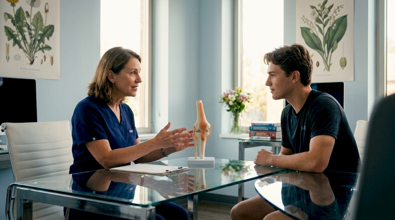 Doctor explaining biologic therapy mechanism to athlete
