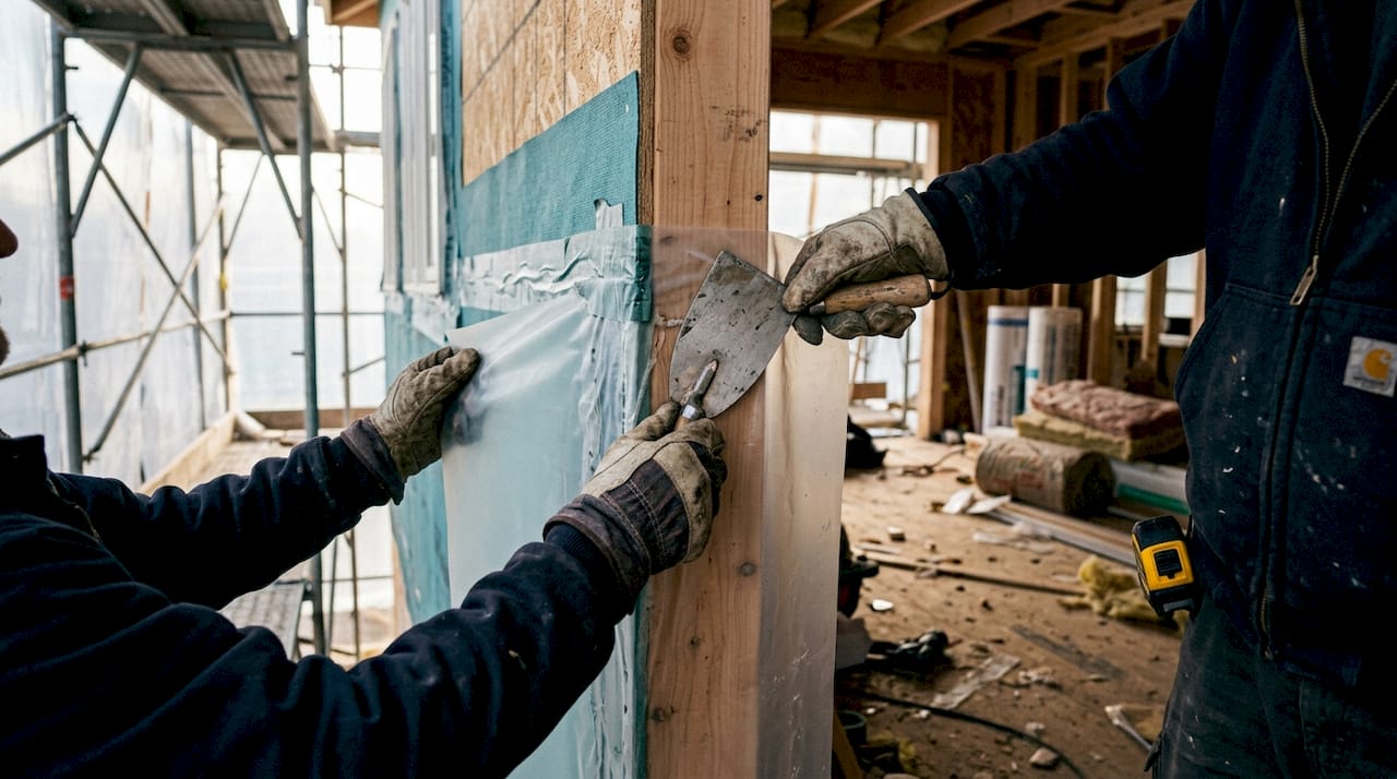 Hands installing weatherproofing membrane layers