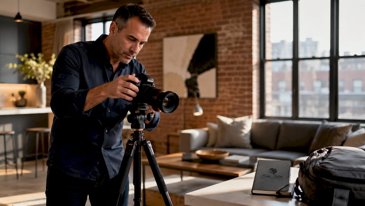 Real estate photographer working in staged home
