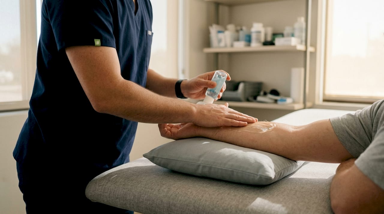 Hands applying therapeutic gel on forearm