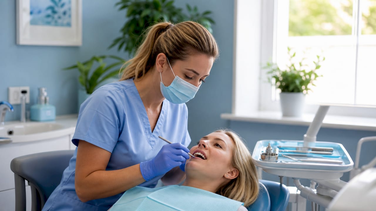 Dental hygienist examining gums with probe