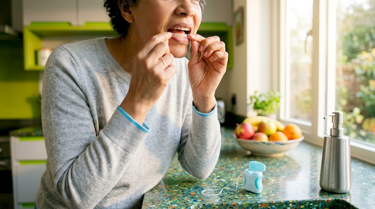 Hands flossing teeth with dental floss