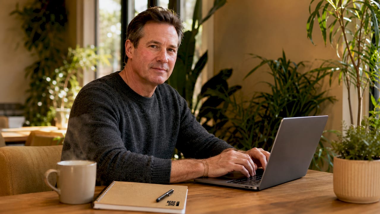 Man working at home desk post-Botox injection