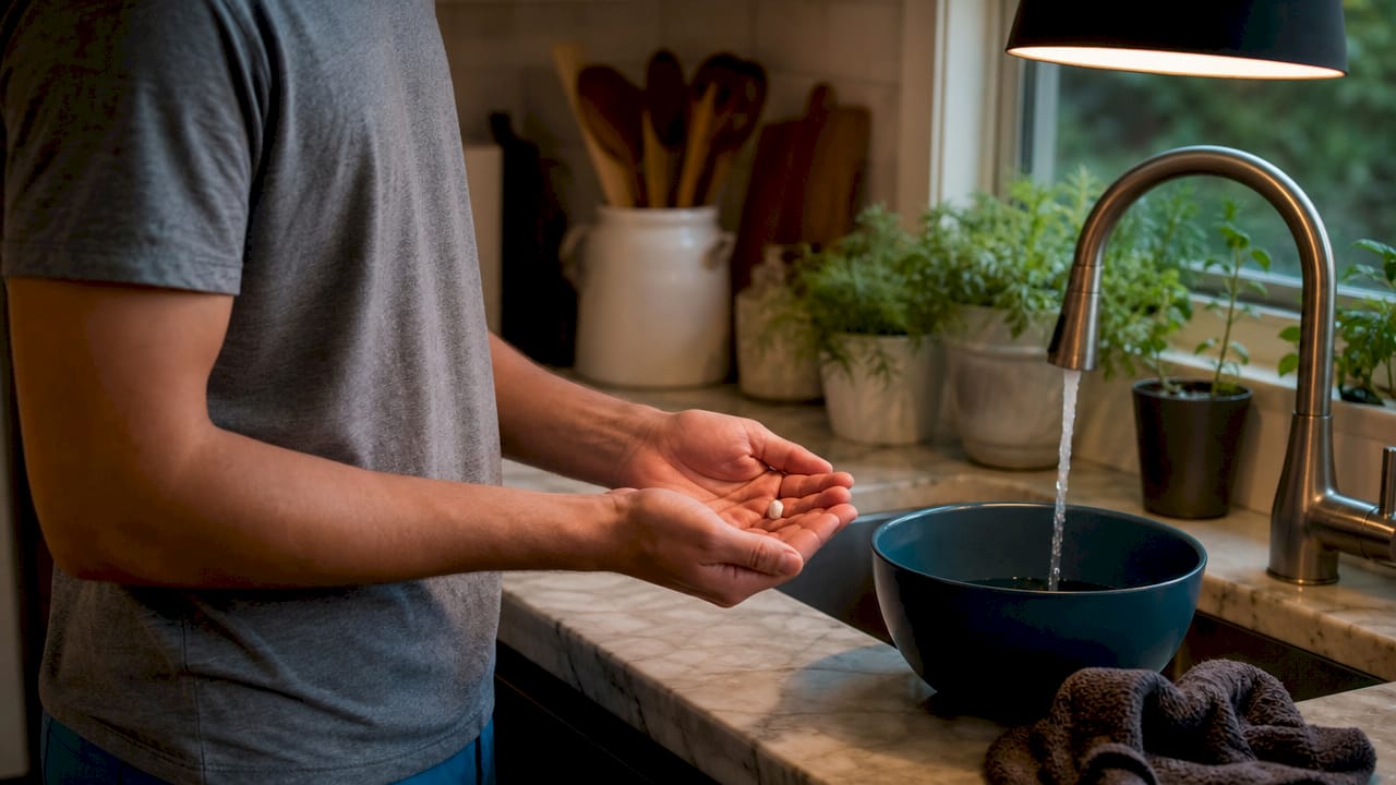 Hands holding a knocked-out tooth over bathroom sink
