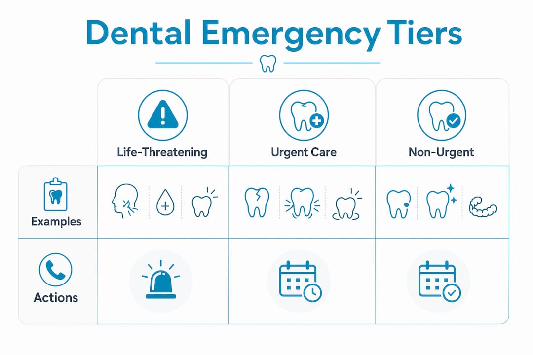 Infographic showing dental emergency tiers and examples